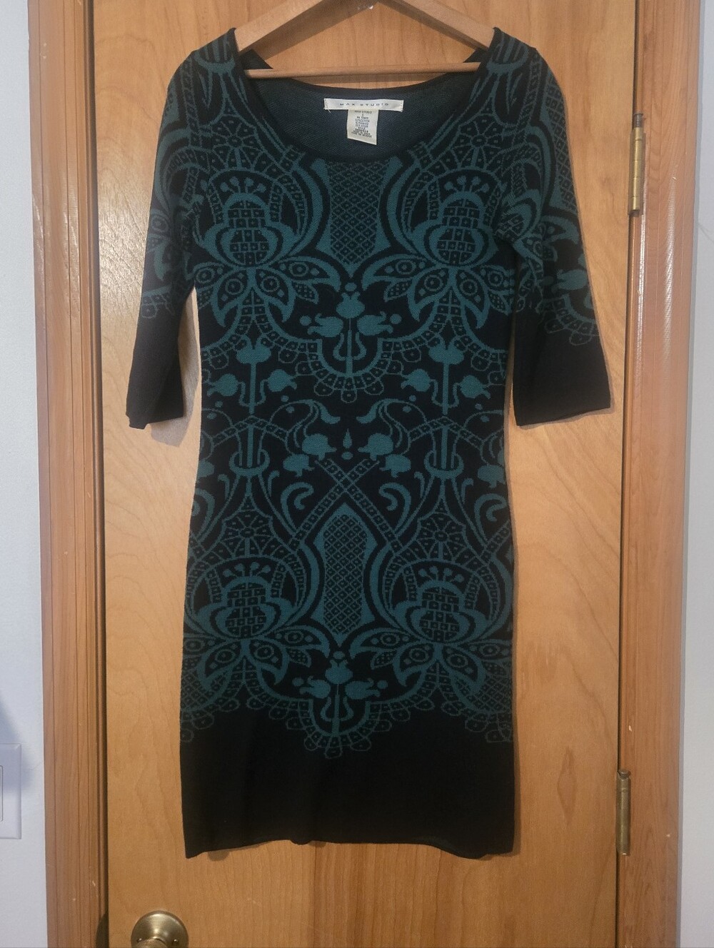 Max Studio Green and Black Patterned Scoop-Neck Dress Size S